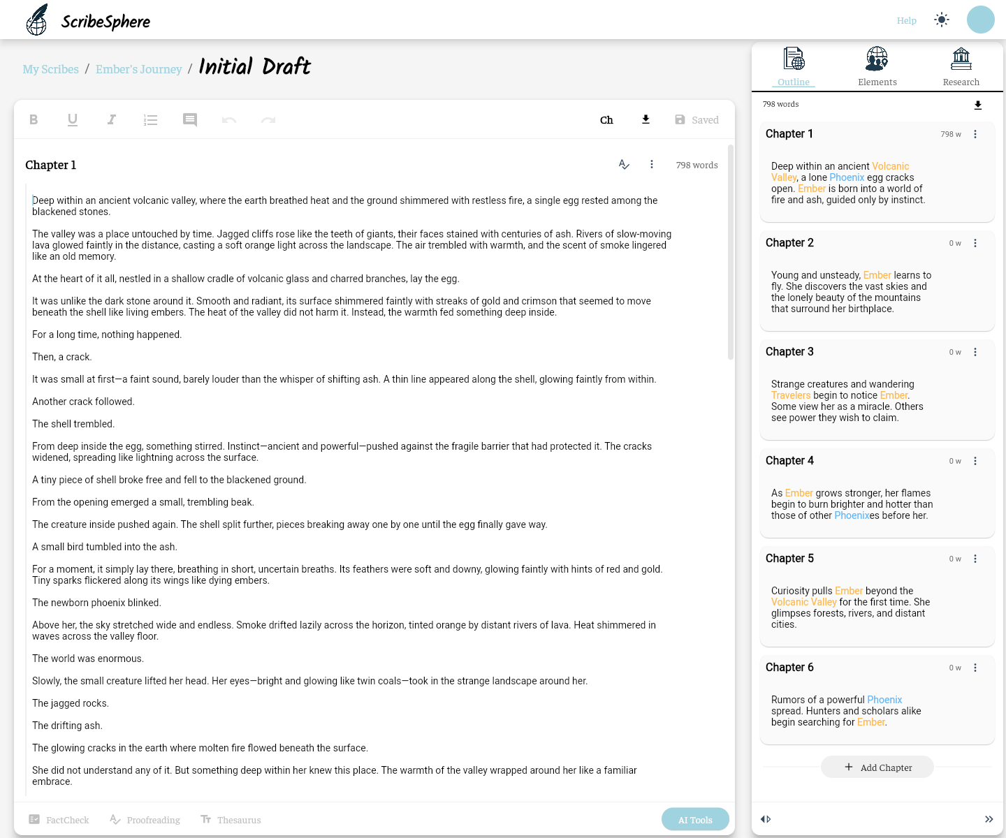 The ScribeSphere editor showing a chapter draft beside a chapter outline